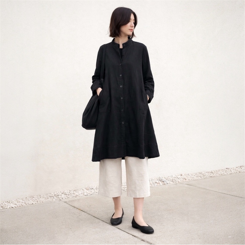 Mordenmiss Linen Blend Longline Jacket Minimalist Button Front Pockets M/L Black